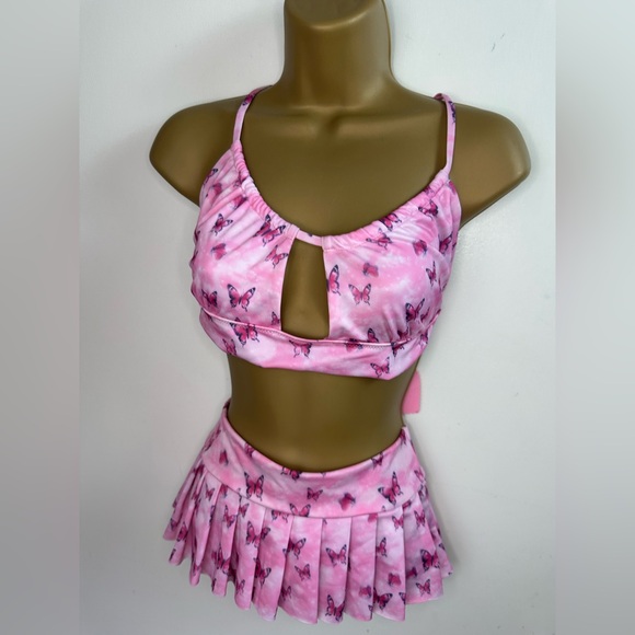 Sugar Thrillz X Dolls Kill Pink Butterflies Winged Icon Bikini Skirt Set NWOT M - Picture 1 of 16